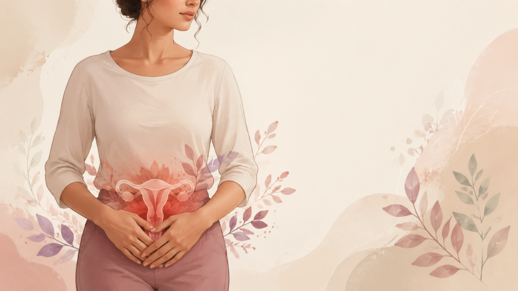 Illustrazione di una donna con le mani sul basso ventre e rappresentazione simbolica dell’endometriosi